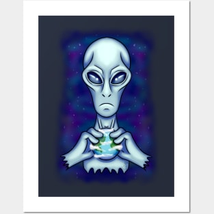 Grey Alien with Earth Posters and Art